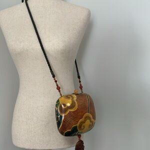 Rare Rafael Sanchez wooden purse. Hand painted & beaded. Carving & tassel. EUC